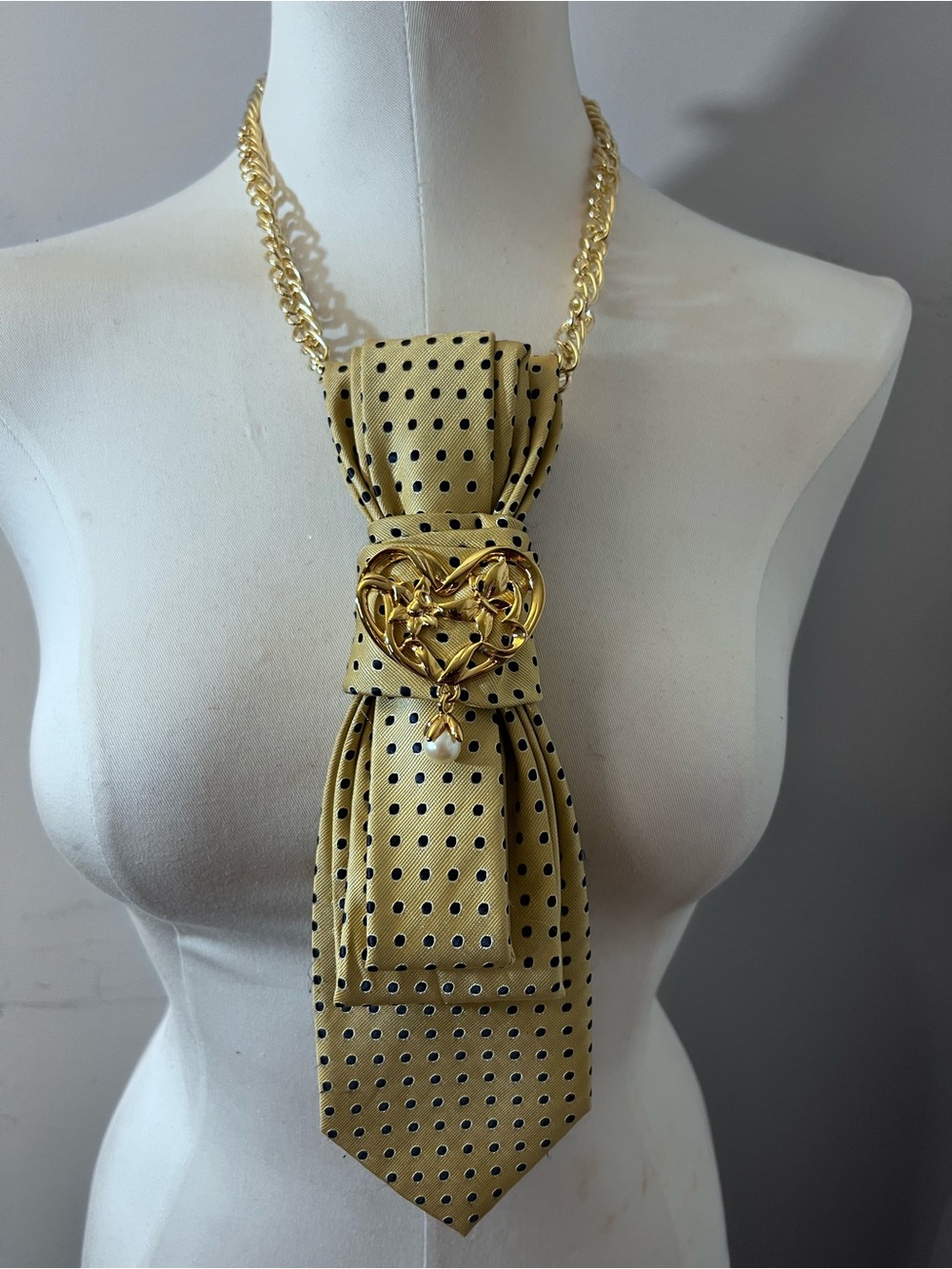 Necktie Necklace Yellow with black polka dots also statement brooch